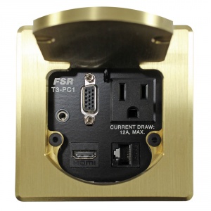 t3-pc1d-sqbrs- 3.5&quot; square brass table box with 1 hdmi / 1 hd-15 male / 1- 3.5mm st. audio / 1 data / 1 ac outlet