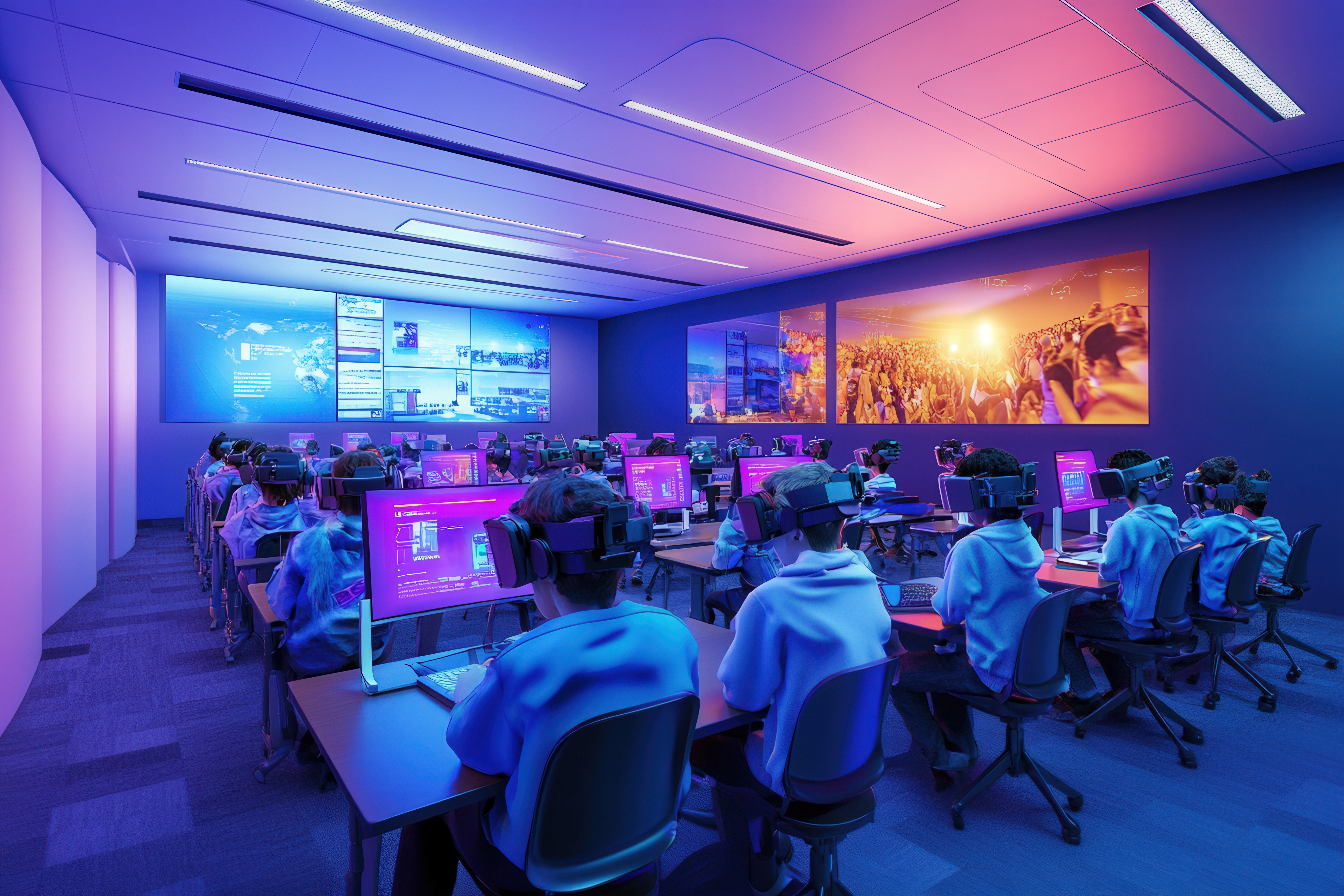 A high-tech classroom of the future, with students using augmented reality glasses. School of future. Created by ai