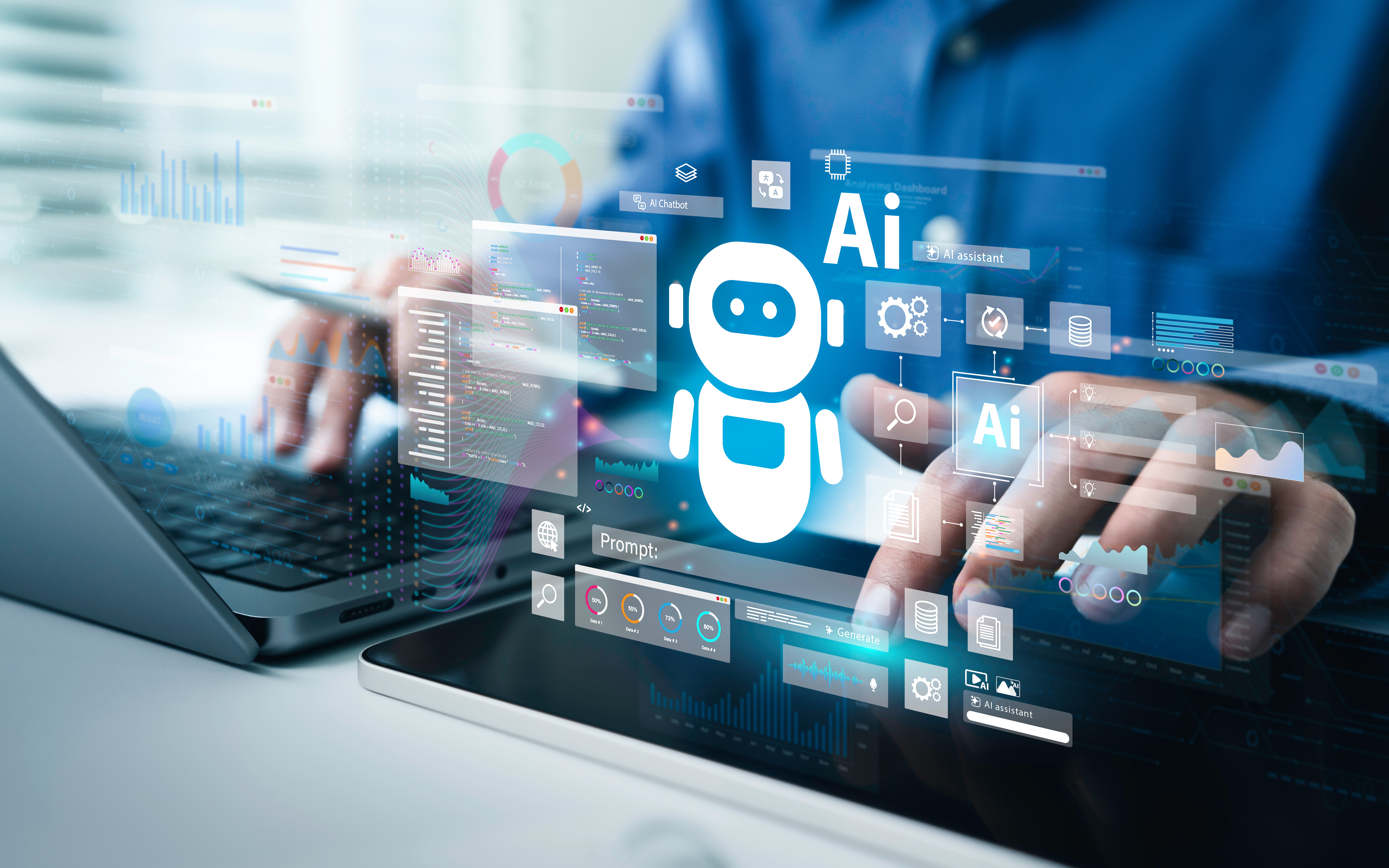 AI Artificial Intelligence technology for data analysis, research, planning, and work generate. Man uses a laptop and AI assistant dashboard. Technology smart robot AI agents and agentic workflows.