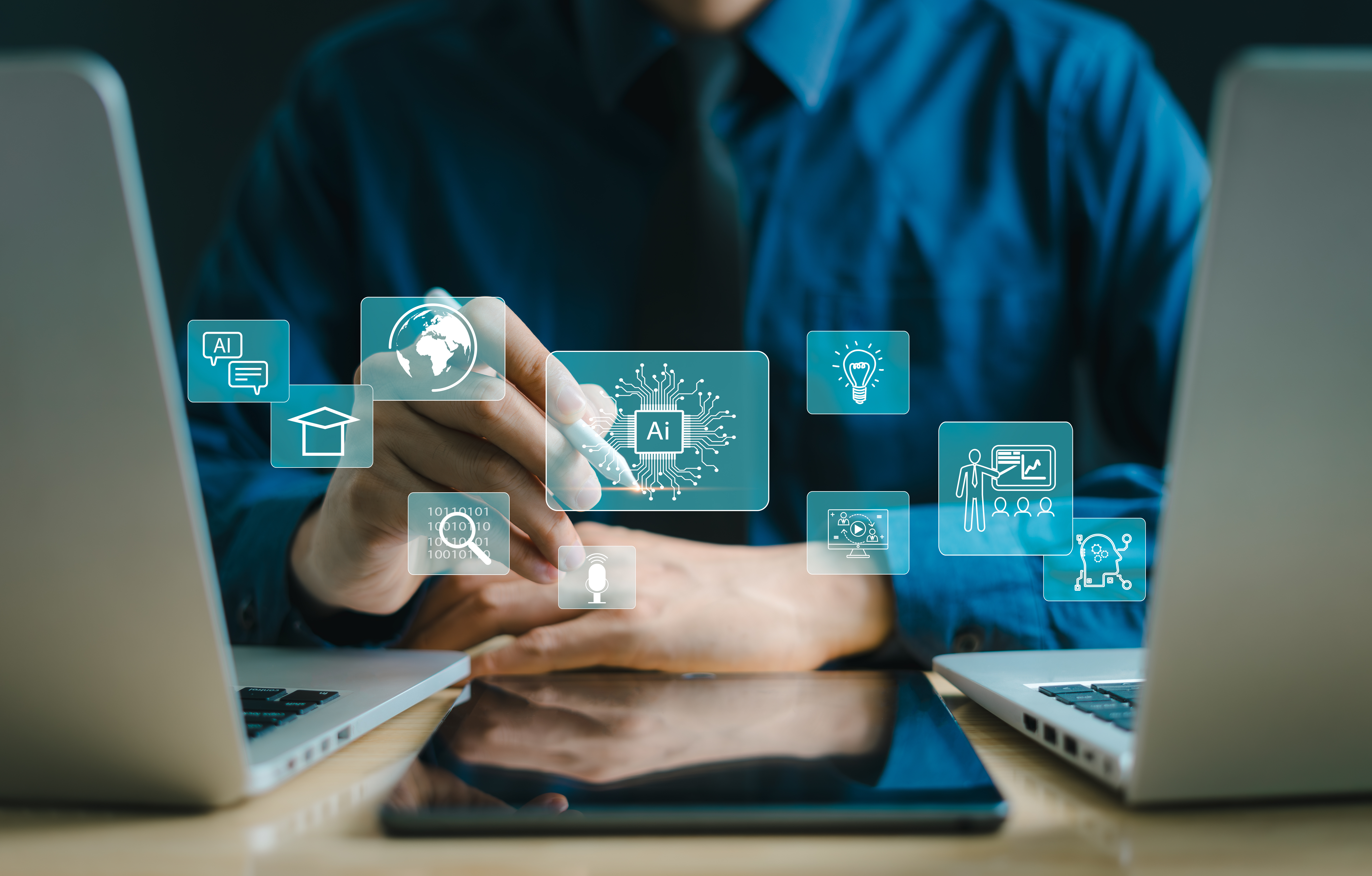Artificial Intelligence Technology AI for Education Modern Digital Learning New Skills Development Courses and Online Learning Business Learning Lessons and Online Seminars on Laptops.