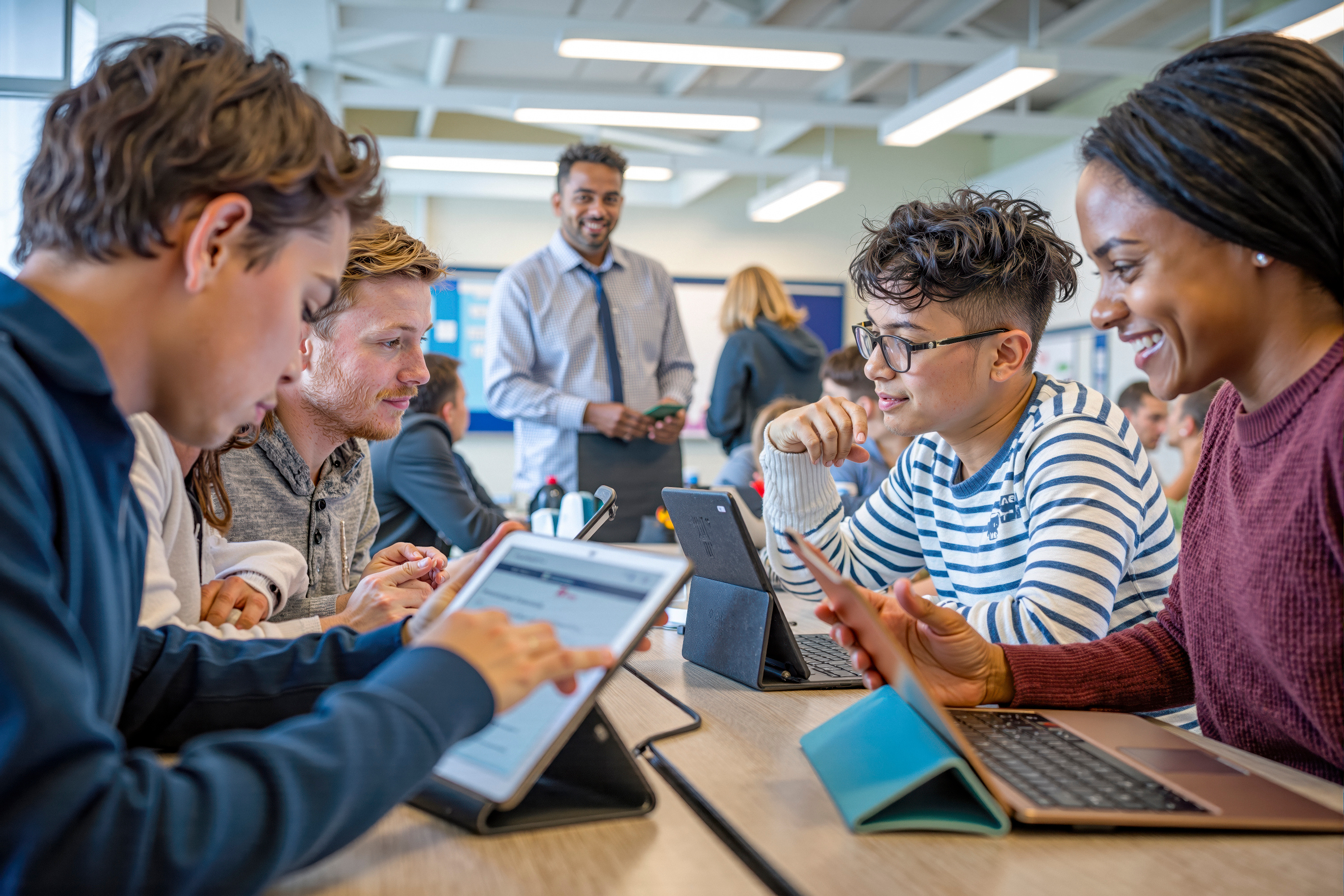 Diverse high school students are collaborating and learning using digital tablets in a modern classroom, with their teacher overseeing the activity. Generative AI