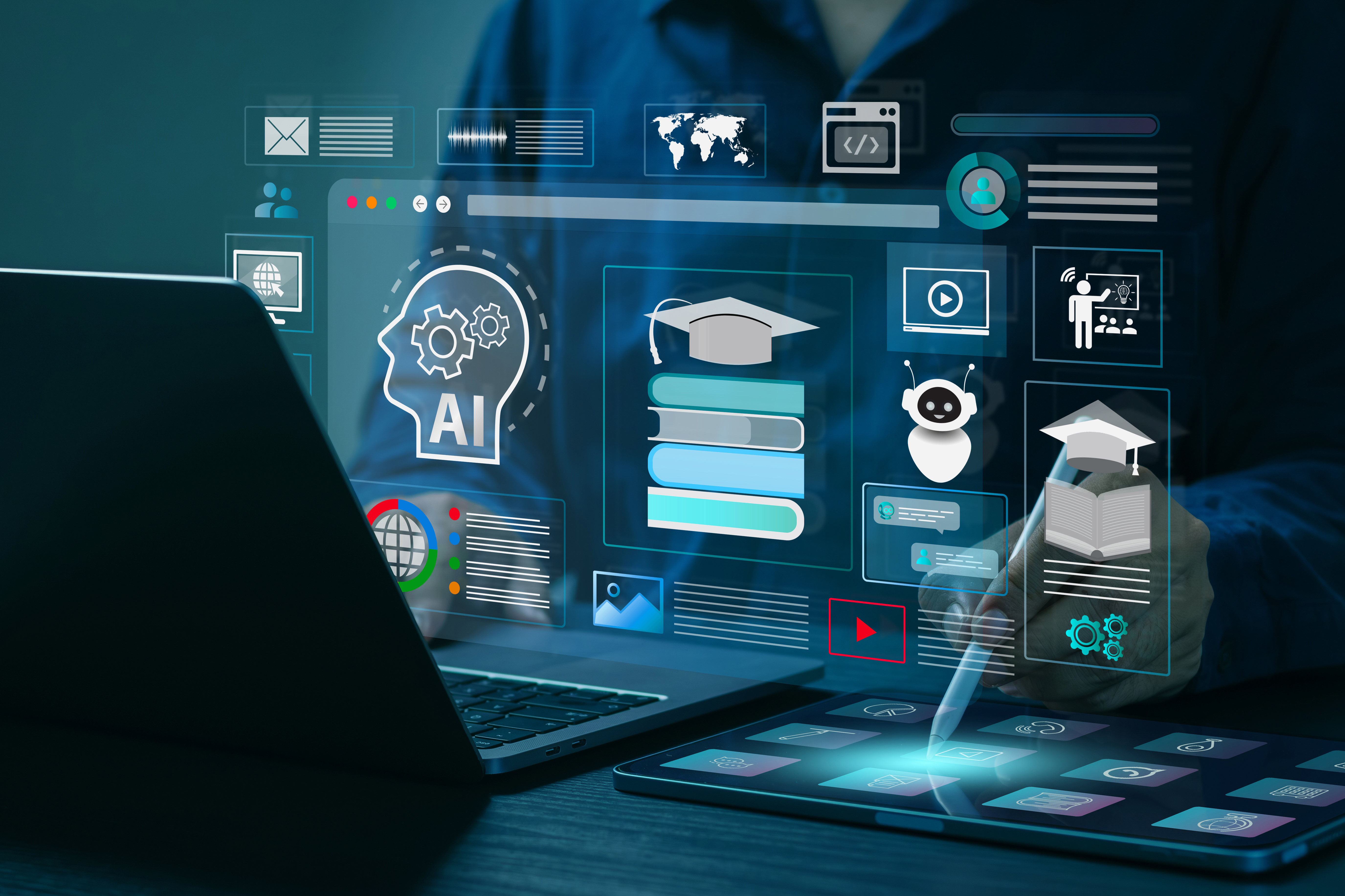 AI Artificial Intelligence and Education technology concept. A man use laptops, Learn lessons and online webinars successfully in modern digital learning, Courses to develop new skills. E-learning.
