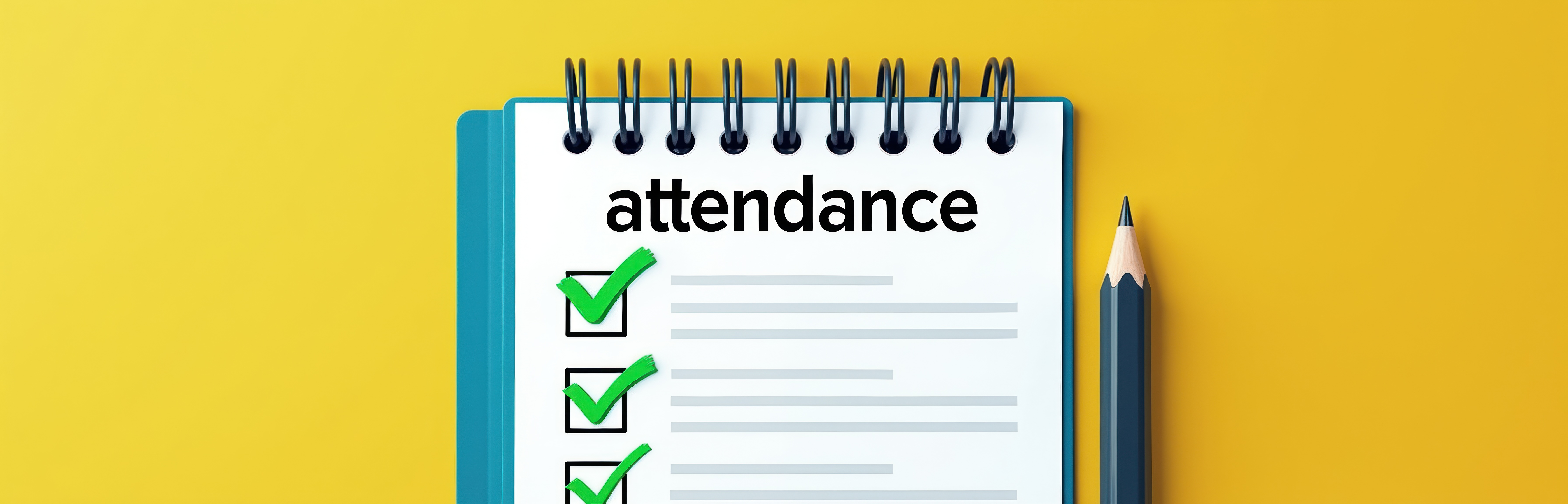 Open notepad shows attendance list with green check marks. Pencil lies on yellow background. Concept of task completion, verification or success in managing entries.
