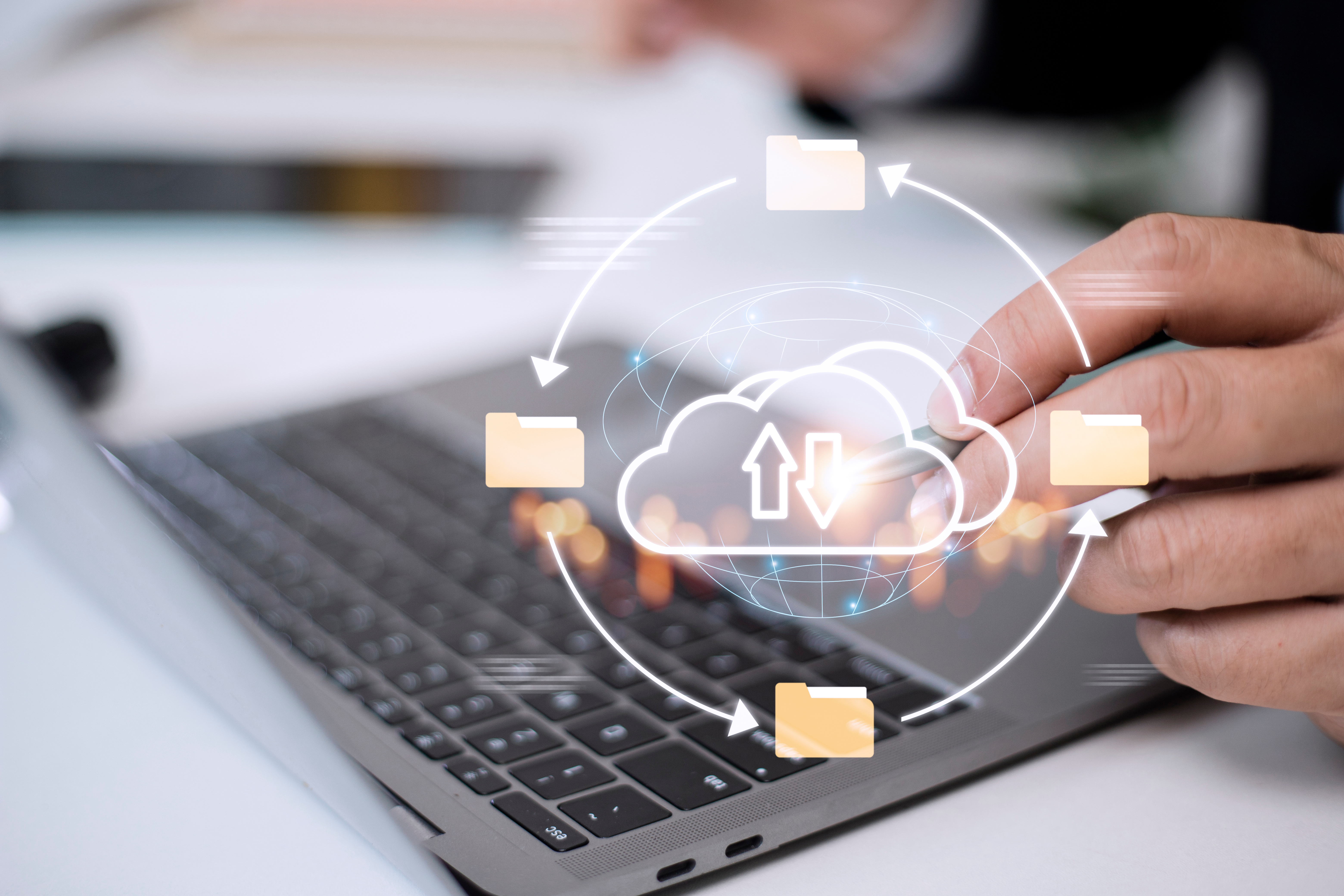 Cloud computing and online storage technologies, cloud computing and communications, connection to Internet server services for data transfer and data management.