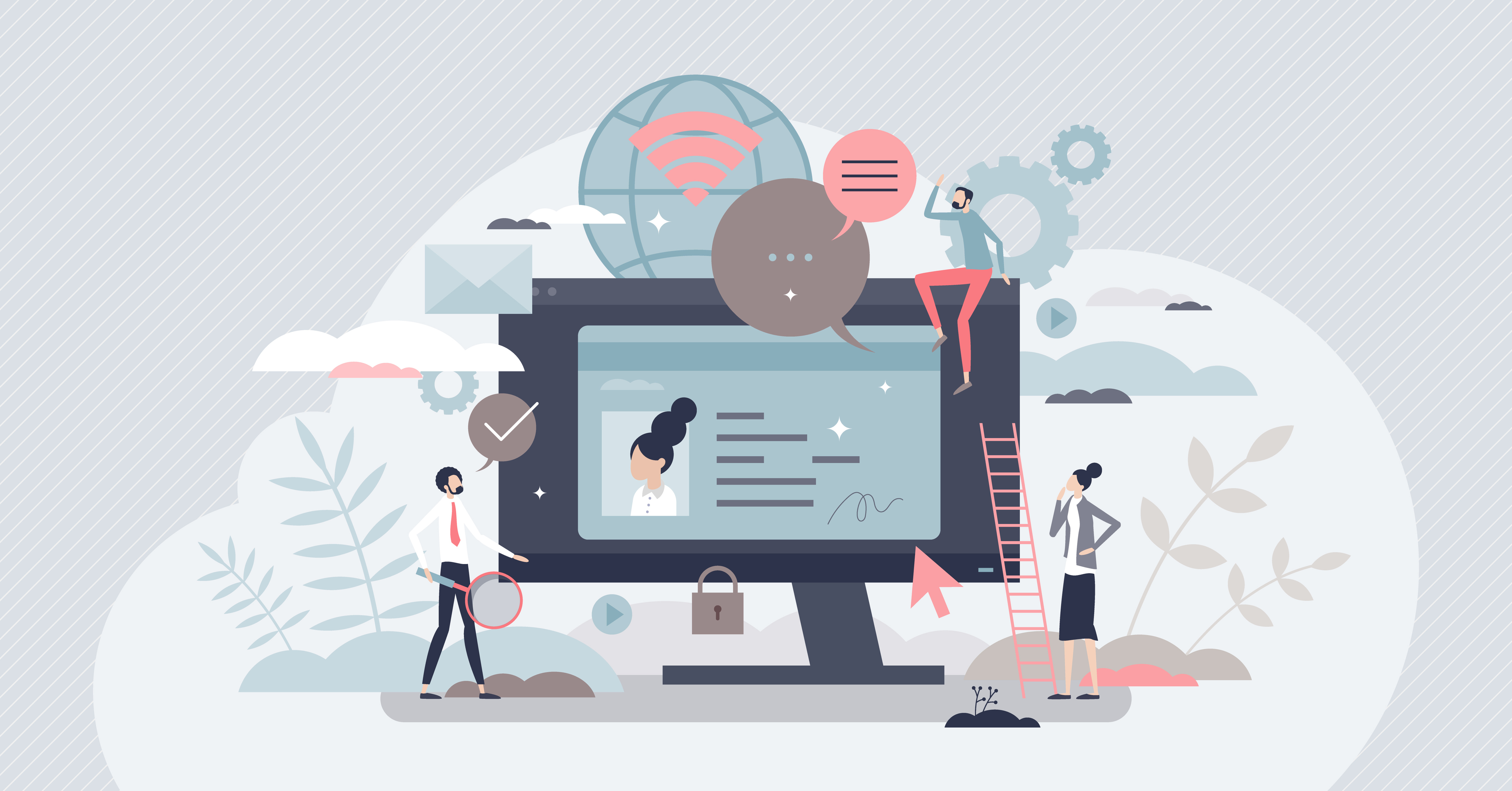 Digital citizenship or virtual ID identification document tiny person concept. Legal passport or covidpass global digital security control vector illustration. Immigration control with biometric data.