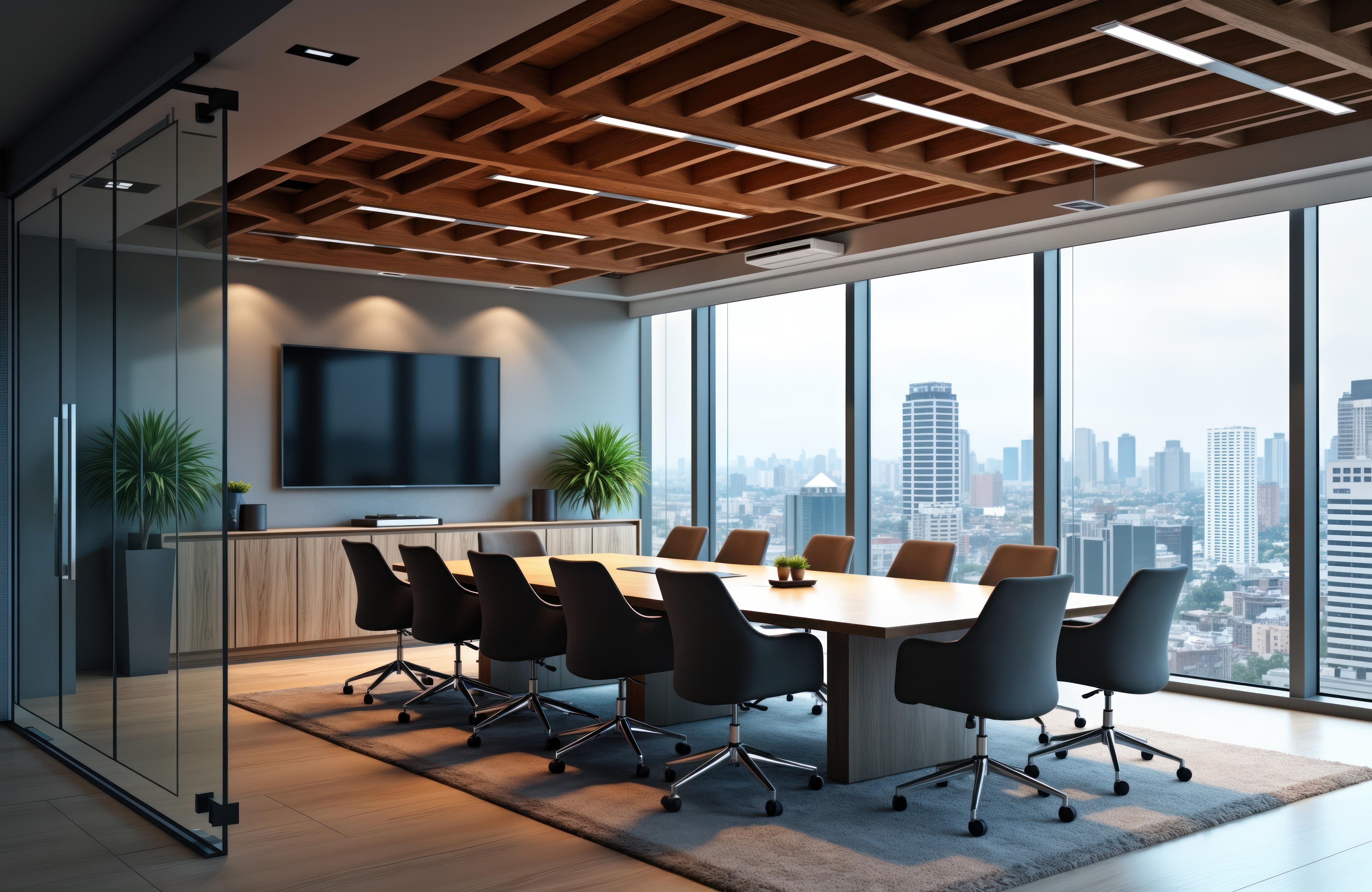 Modern conference room with city view. Large windows show urban skyline. Wooden table dark chairs arranged around. Flat screen TV mounted on wall. Plants add element of nature to space. Interior