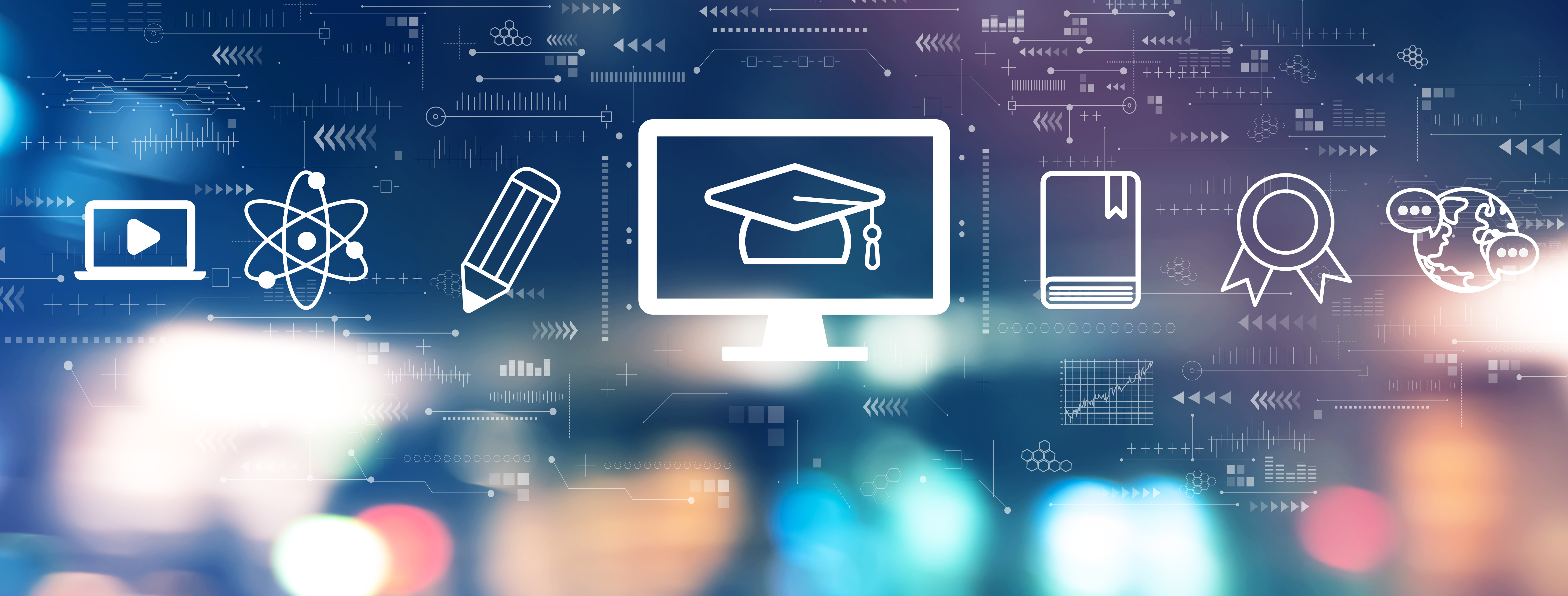 E-learning concept with blurred city lights at night