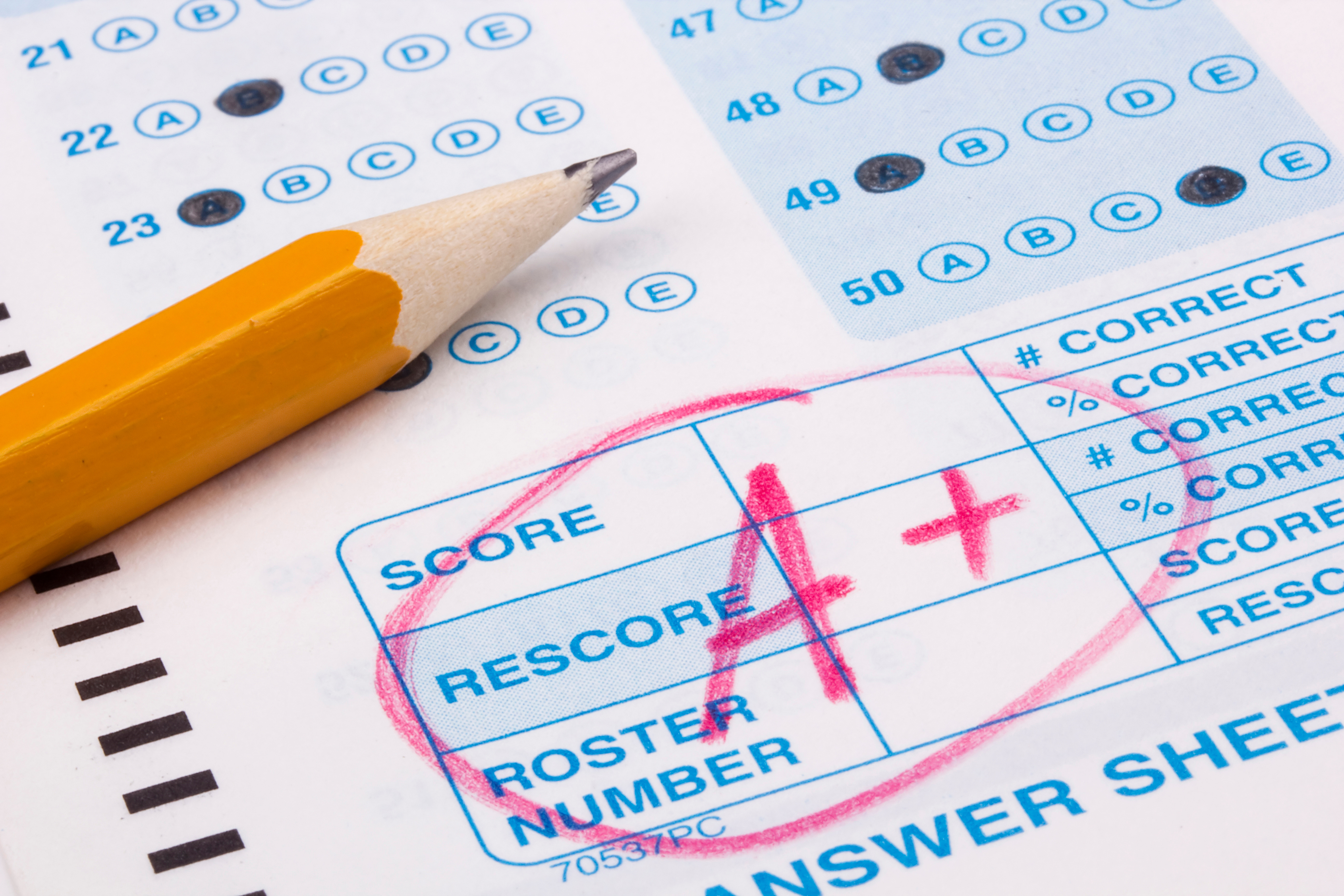 Close-up photograph of a perfect grade on a scantron test.