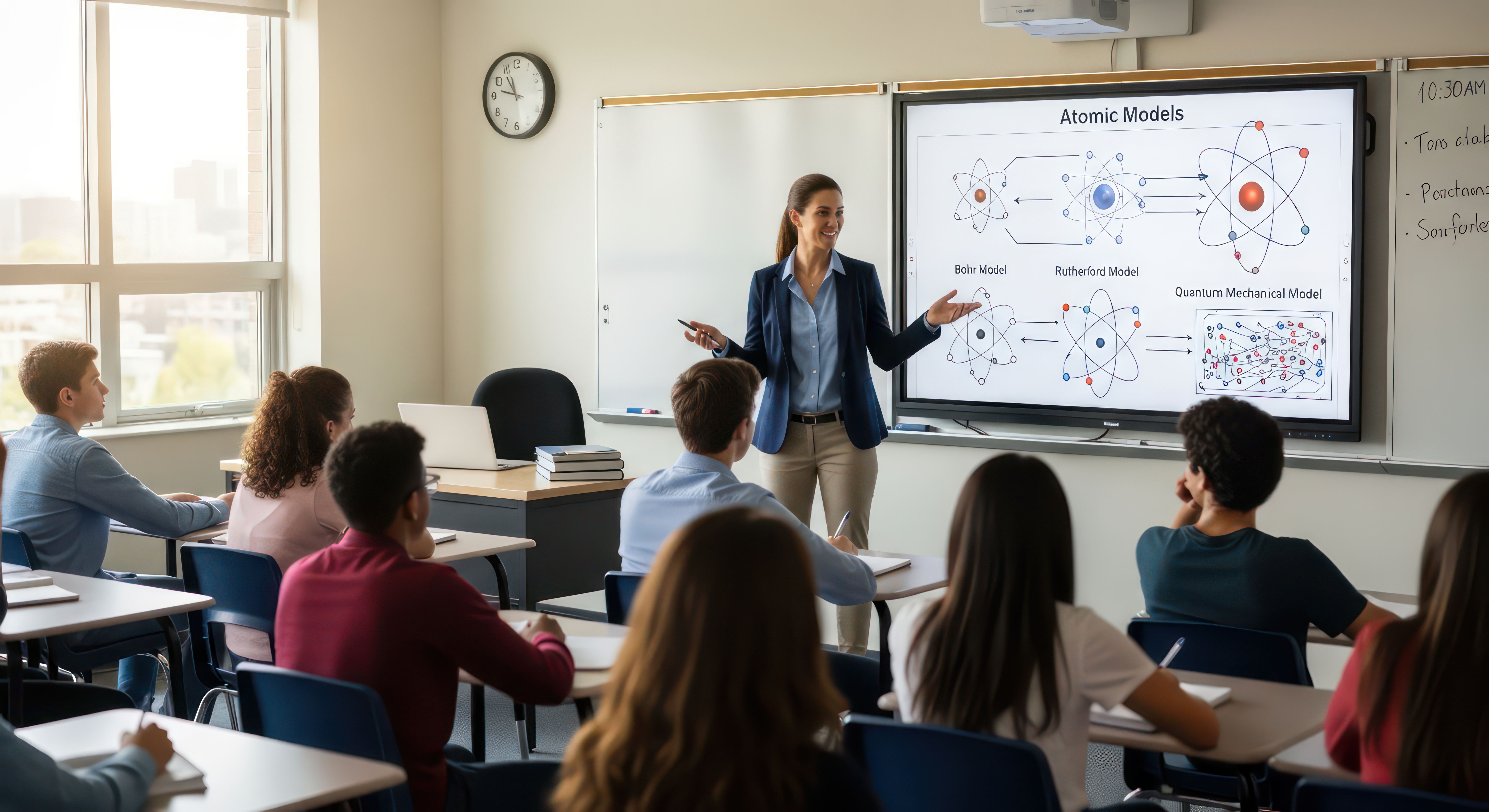 A teacher presents atomic models to students in a classroom. The focus is on education, learning, and the interaction between the teacher and students.