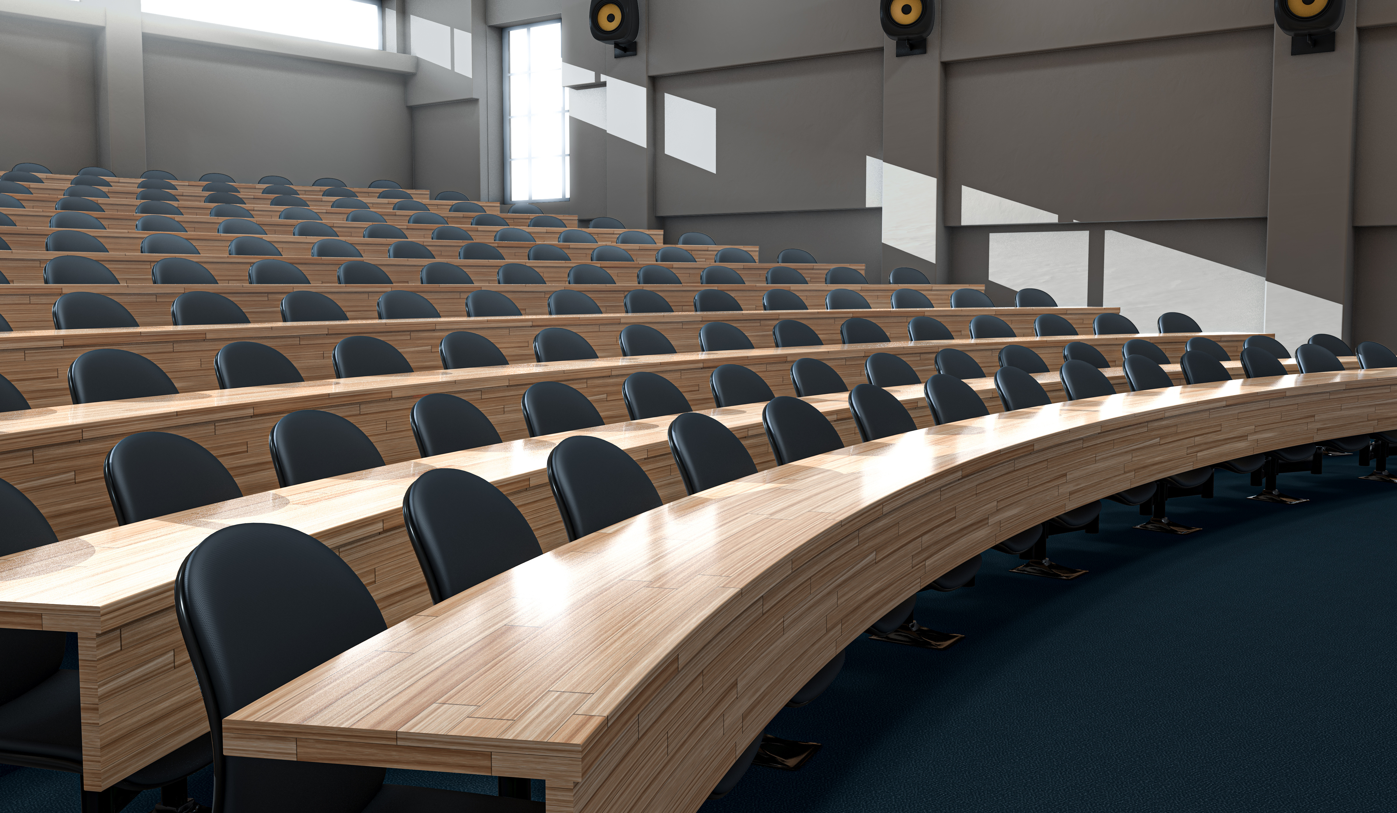 An interior of an empty lecture hall auditorium with rows of curved wooden desks and chairs lit by morning sunlight - 3D render