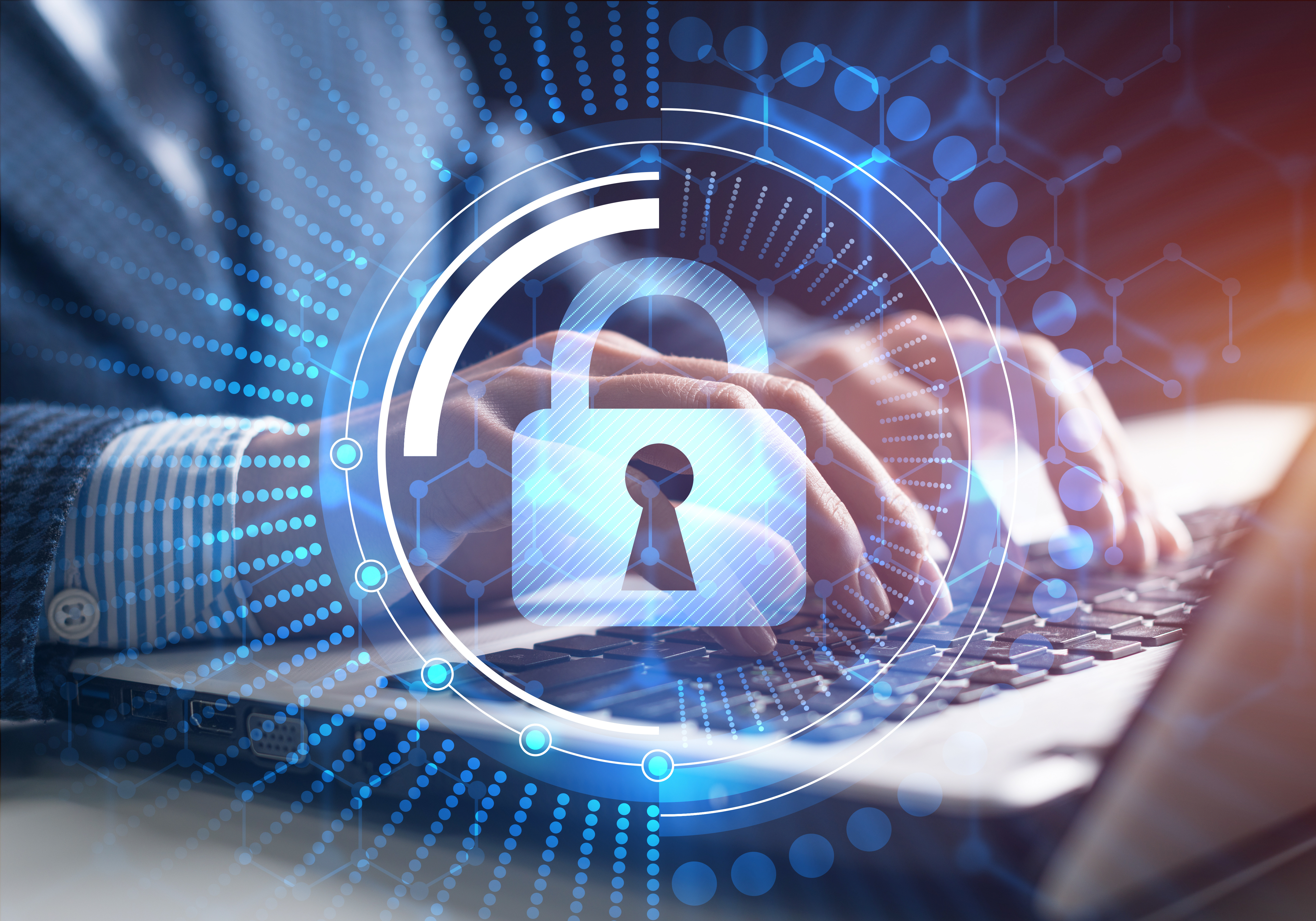 Digital cybersecurity and network protection concept. Virtual locking mechanism to access shared resources. Interactive virtual control screen with padlock. Businessman working at laptop on background