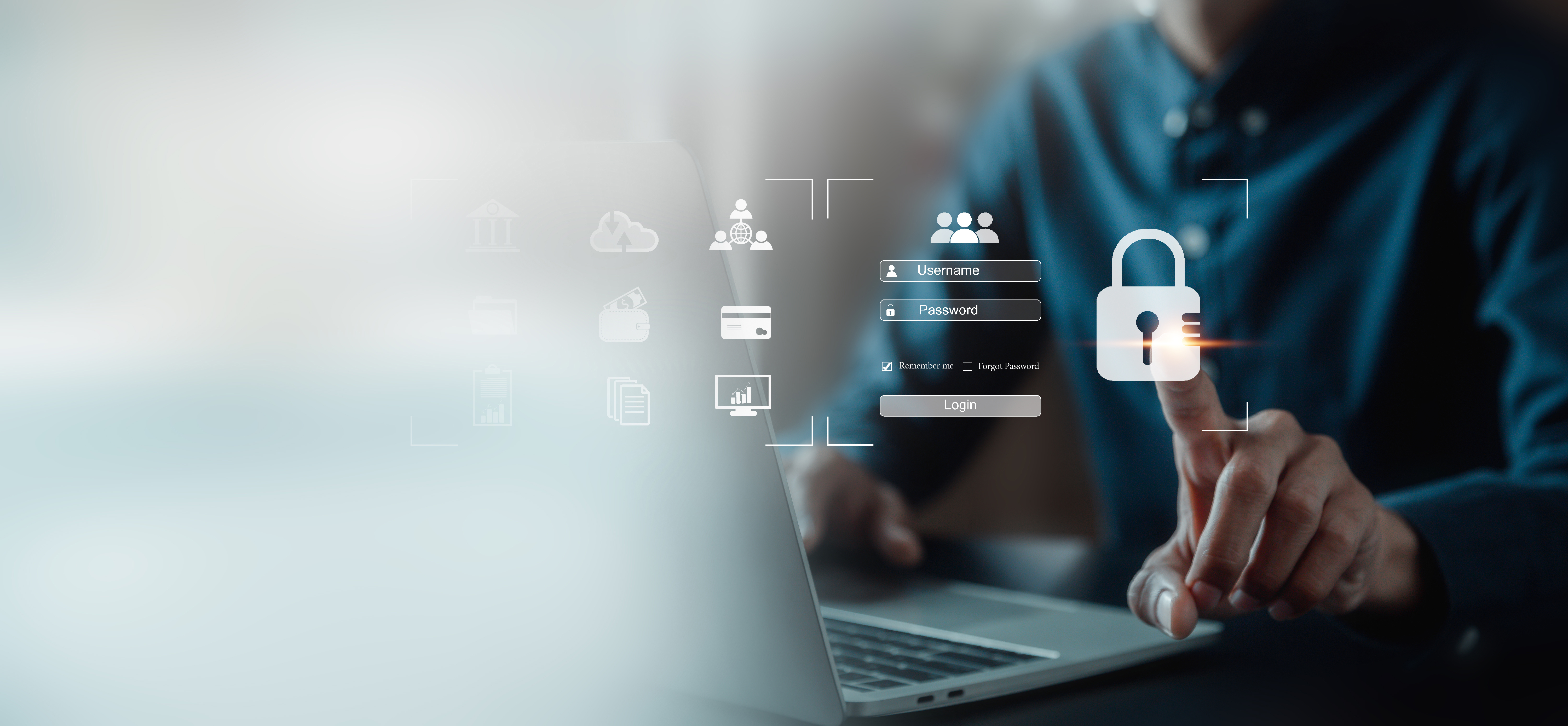 User authentication system with username and password, cybersecurity concept,lobal network security technology, business people protect personal information.  with a padlock icon on the virtual interface cybersecurity concept.