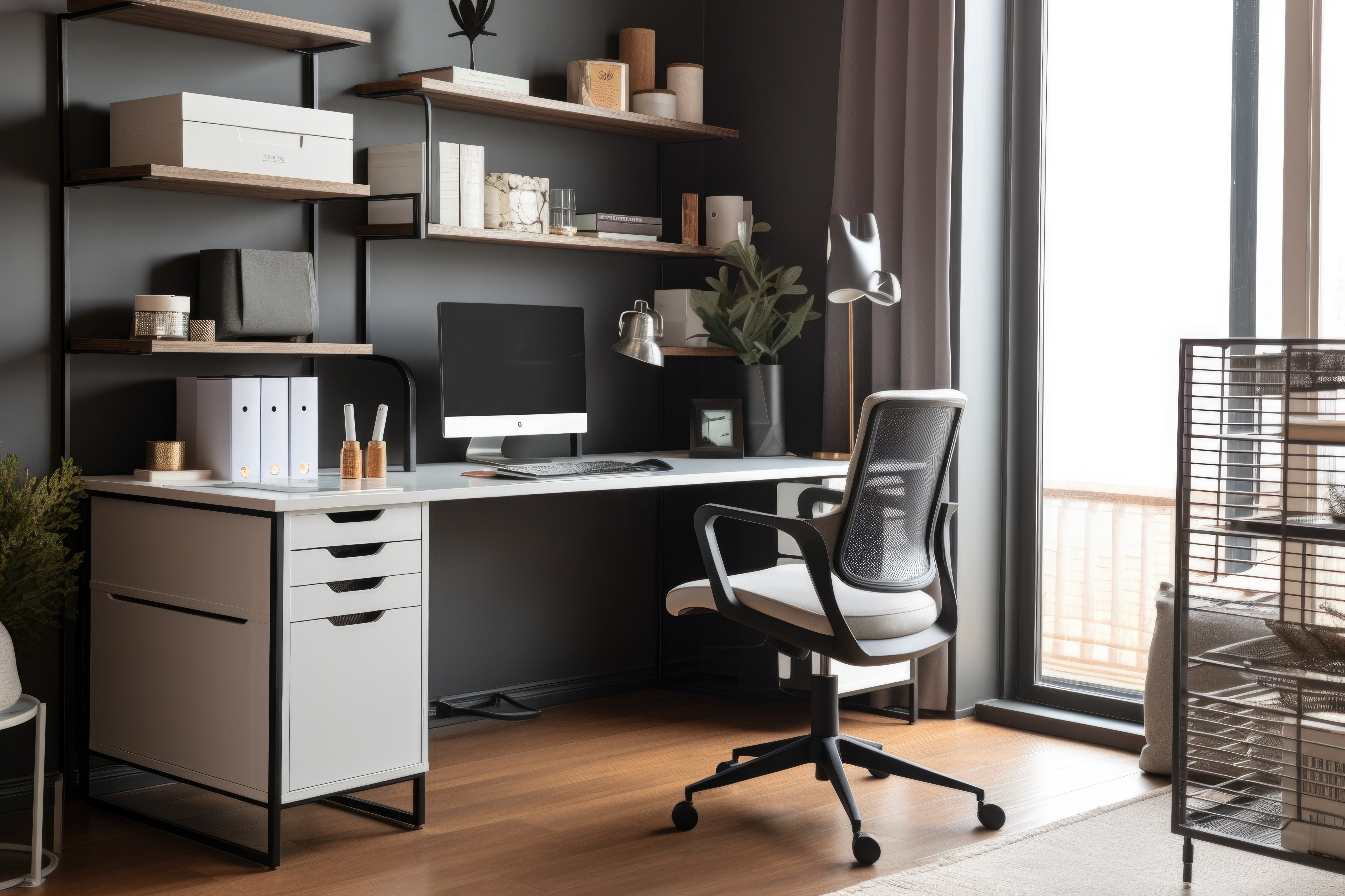 organized home office with sleek desk, ergonomic chair, and tidy filing cabinet, created with generative ai