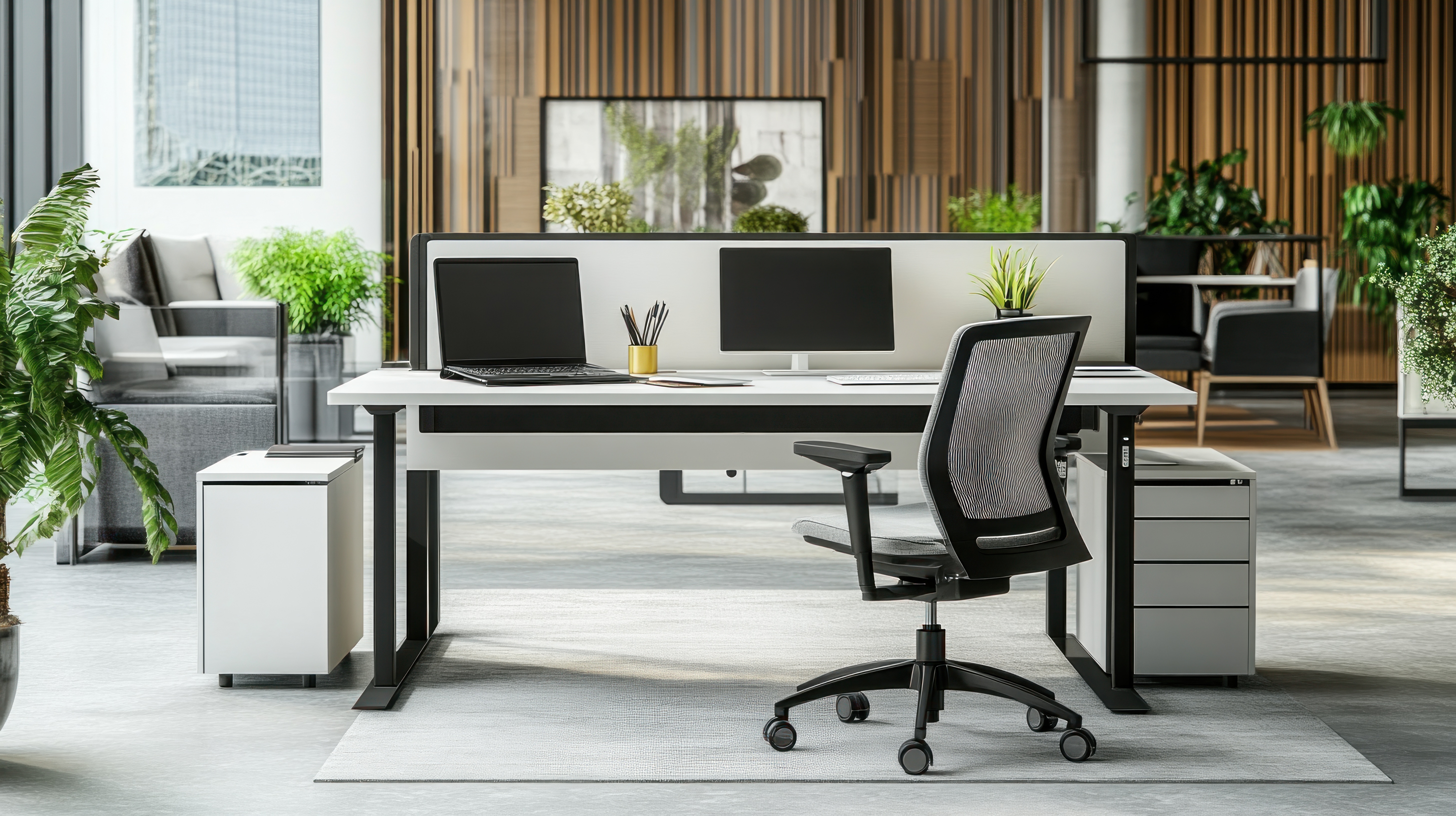 Modern office workspace with ergonomic chair, plants, and dual monitors