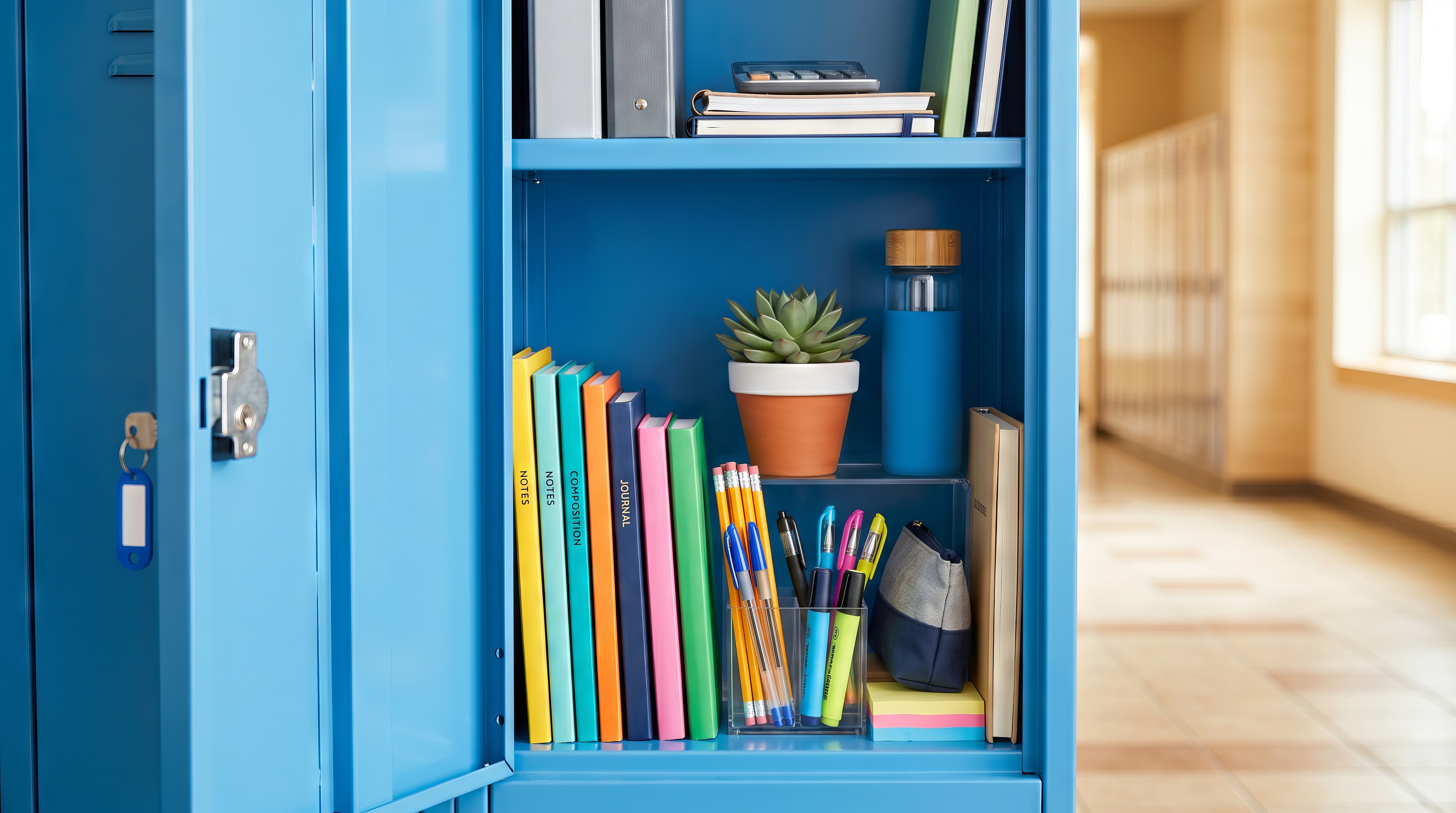 Blue school locker with colorful books, pens, and decor including a small potted plant for organized student storage and inspiration in educational environments..