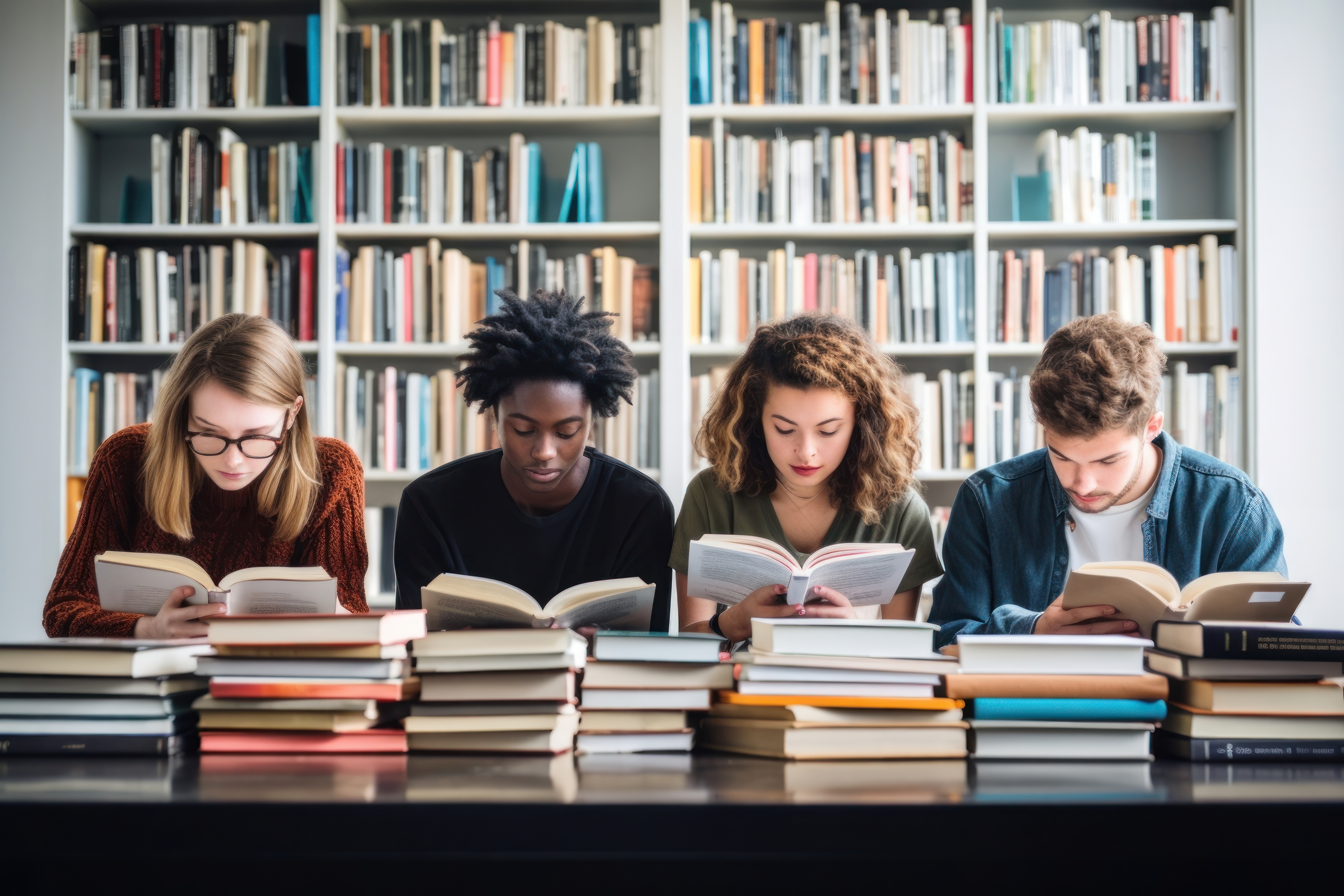minimal, photo of group of *multiracial students* in college studying with books in library, white background --ar 3:2