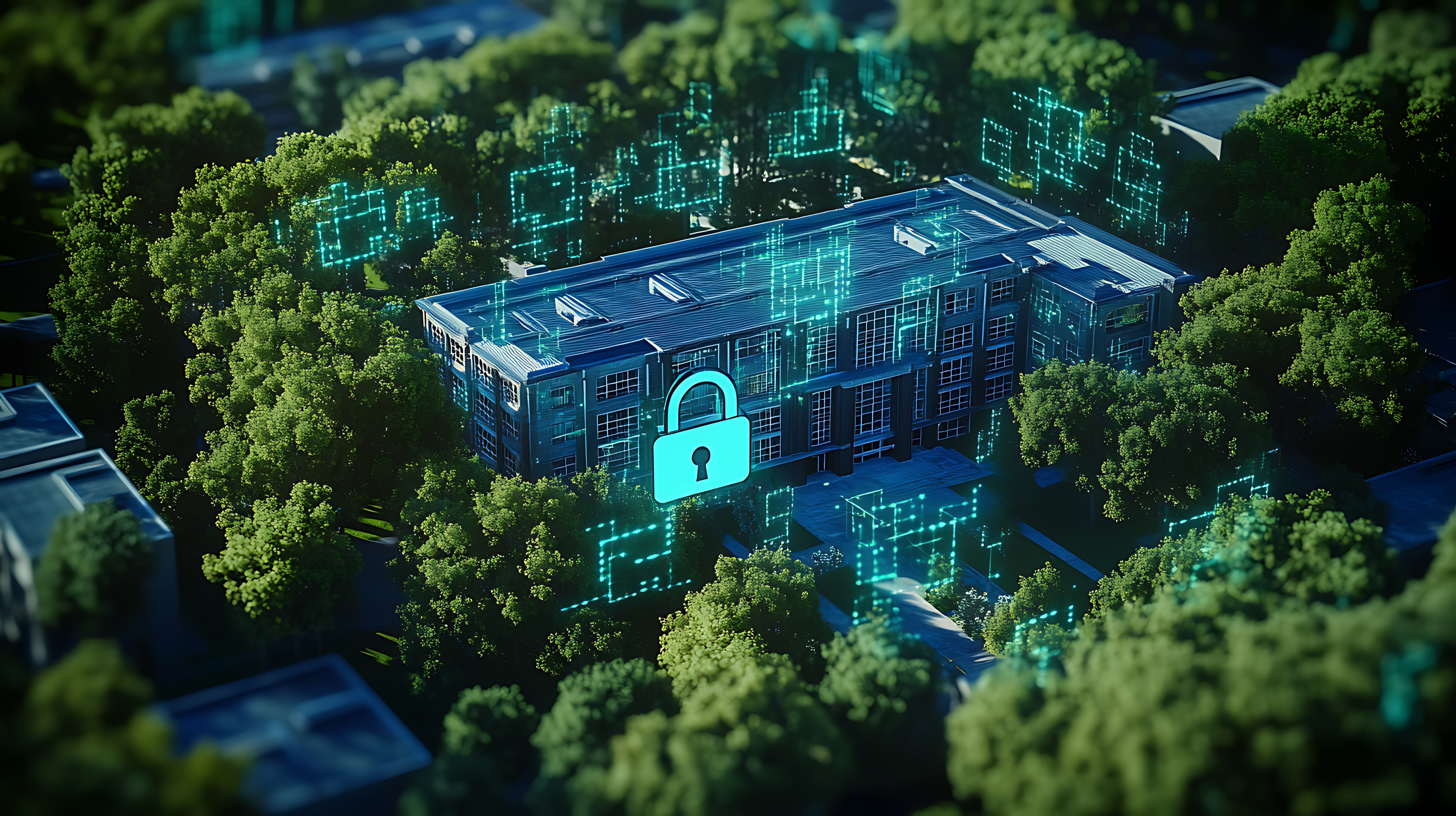 Modern school building surrounded by trees with glowing cybersecurity symbols representing digital protection and data safety.