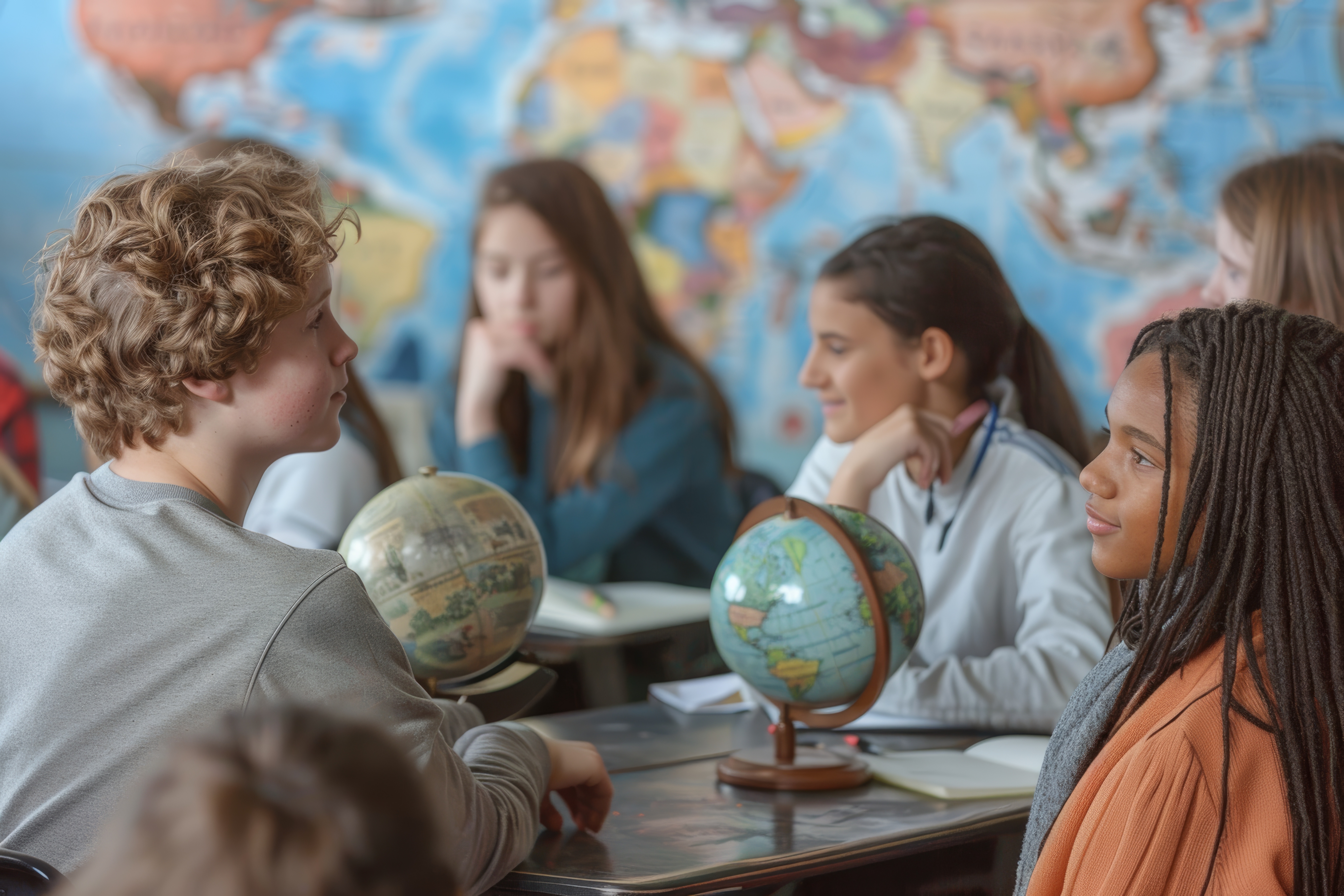 High school students energetically participating in a social studies debate. the classroom is adorned with a world map, globes, and various historical artifacts, creating an enriching learning environment for geographical and historical discussions.