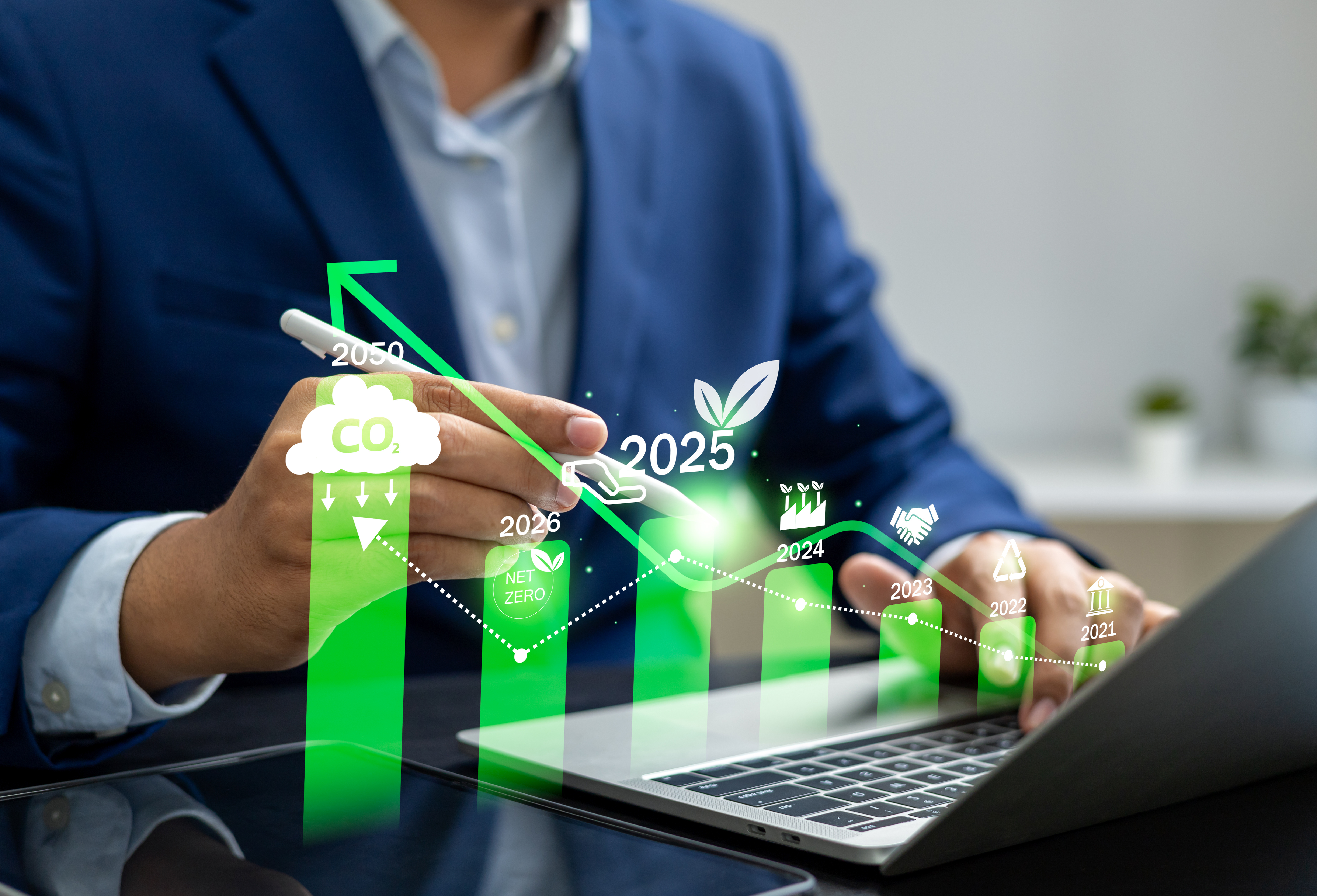 Carbon emission reduction target, Green economy and sustainability Net Zero future. Sustainable development, Energy goals 2025. CO2 emission graph, Goals sustainable planet by 2050.World Environment.