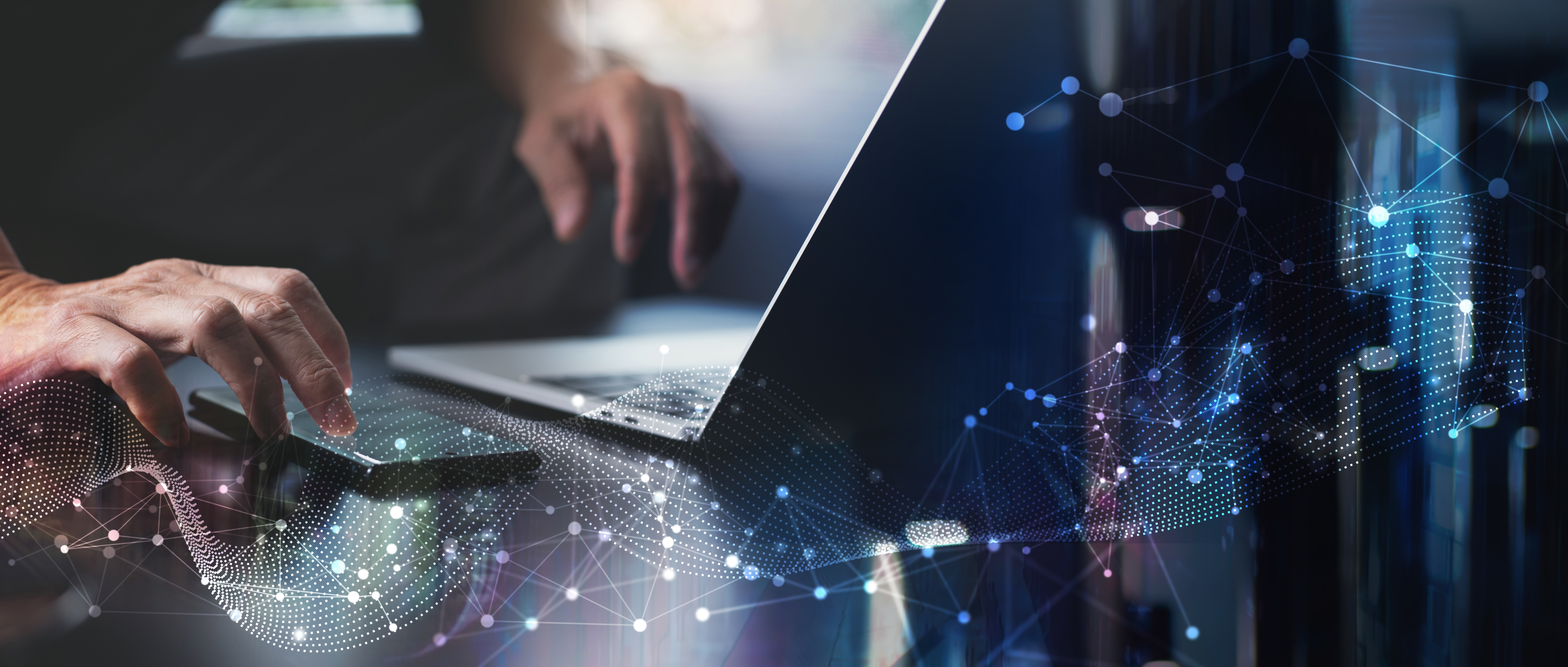 Digital technology, big data, internet network connection, futristic innovation technology background. Man using mibile phobe and laptop and smart city