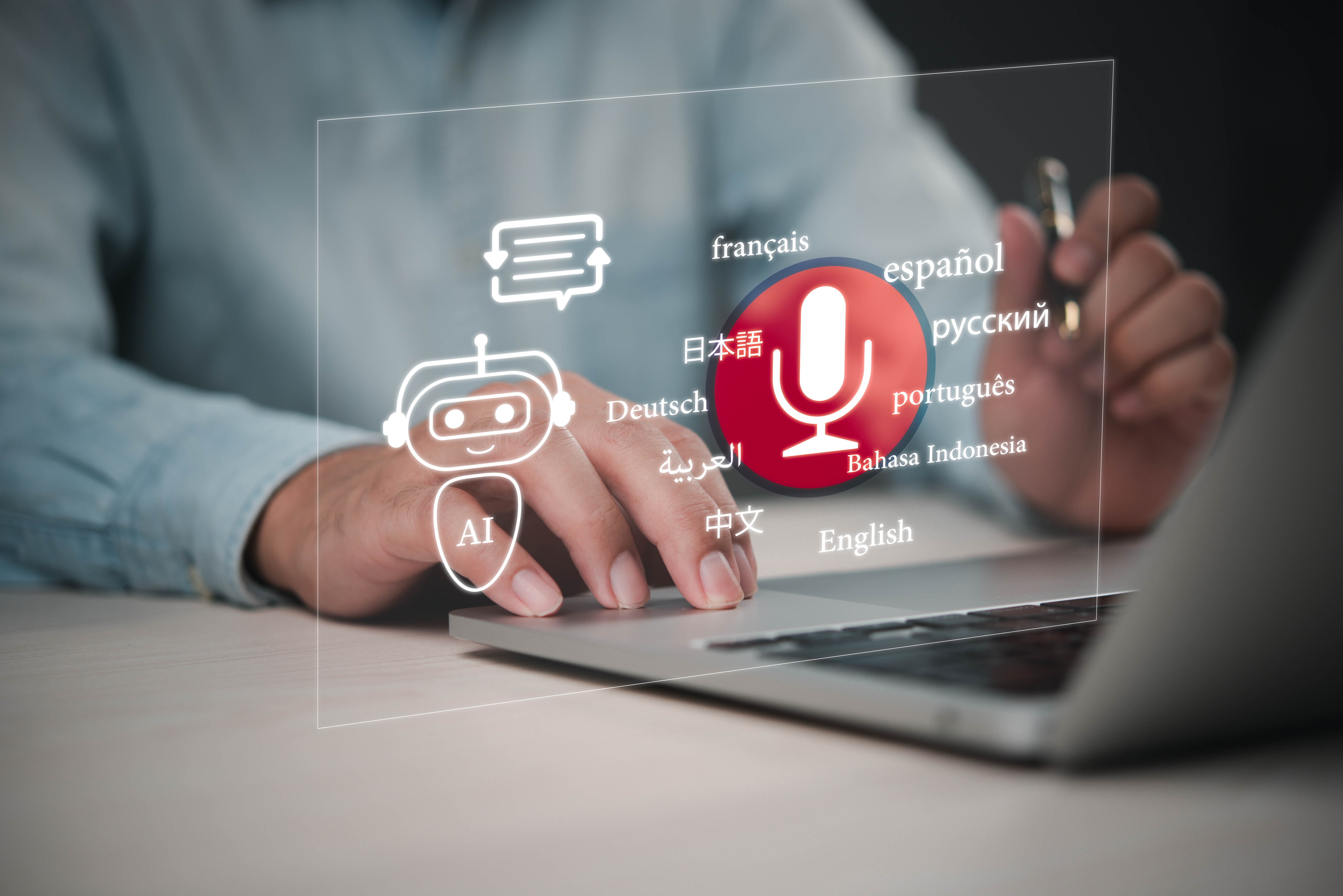 AI Translation technology concept. App for communication, international interaction. AI-powered chatbot interface with multilingual speech recognition icons. Ideal for software, communication tools.