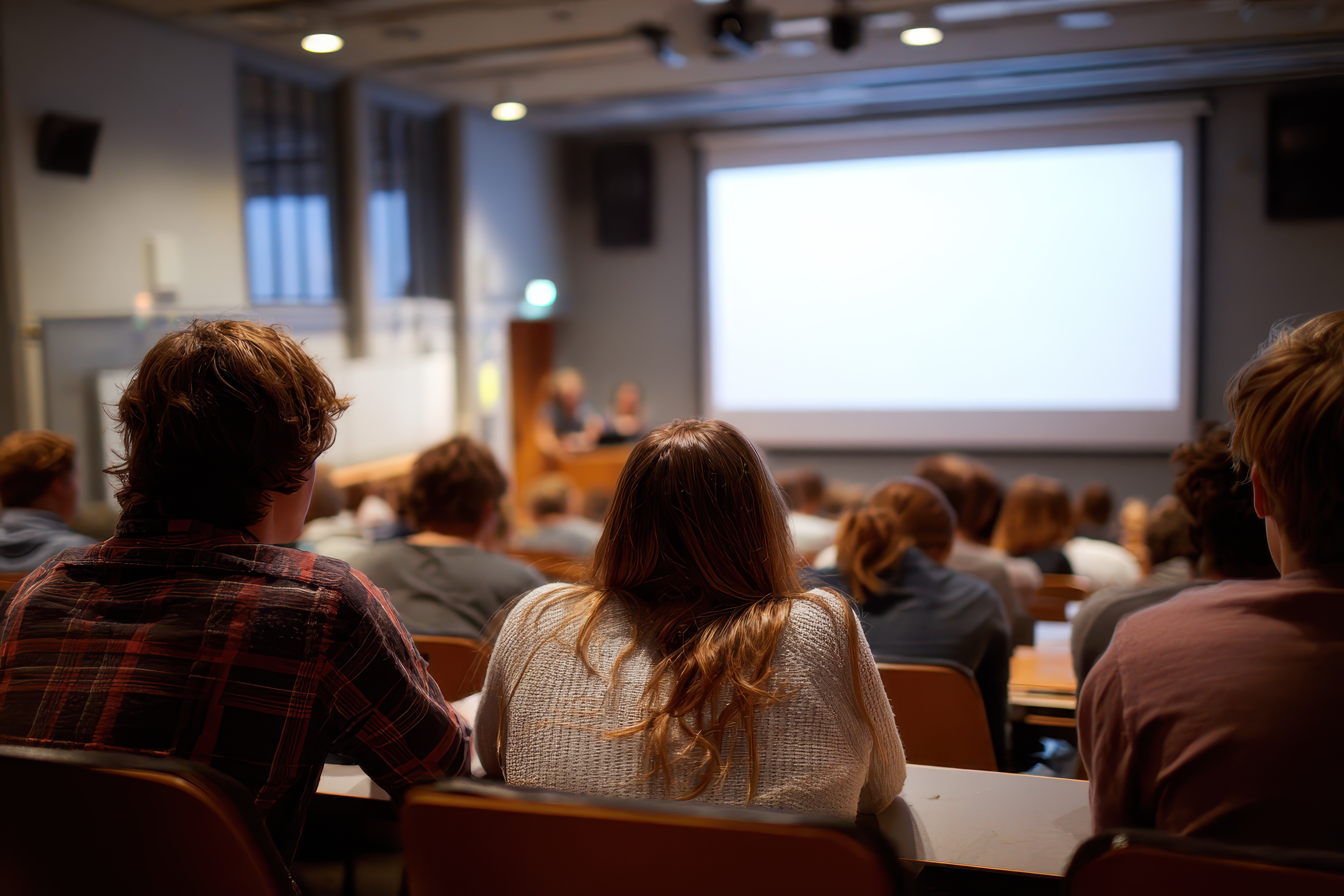 Students listen to a lecture, backs to camera, screen in background. It shows education or training concepts with copy space.