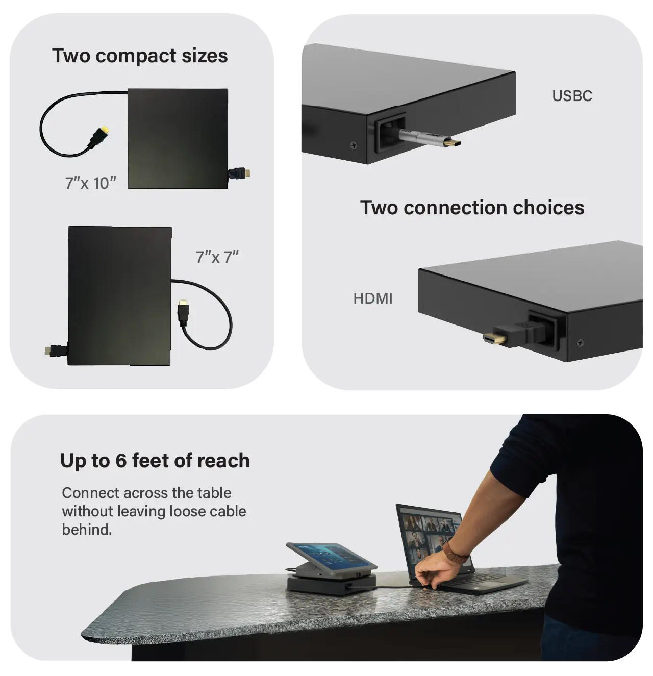 Cable Pilot comes in 7 by 10 inch and 7 by 7 inch sizes, with USB-C or HDMI connections and up to 6 feet of cable reach.