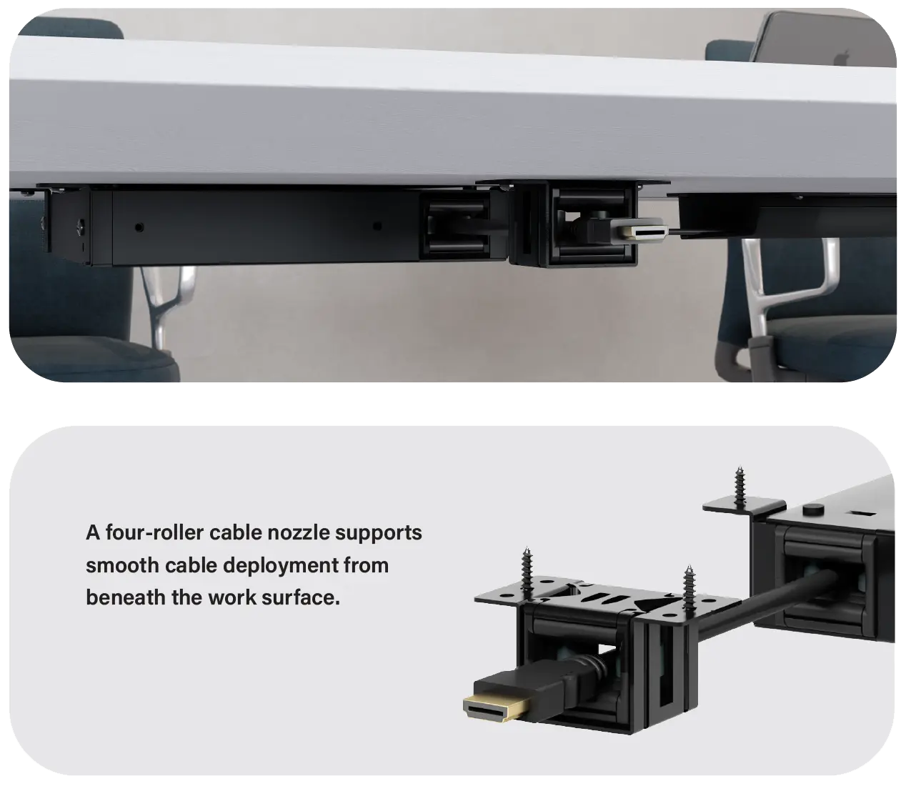 Cable Pilot mounted behind a table apron with its cable routed to the edge through a four-roller nozzle for smooth deployment beneath the work surface.