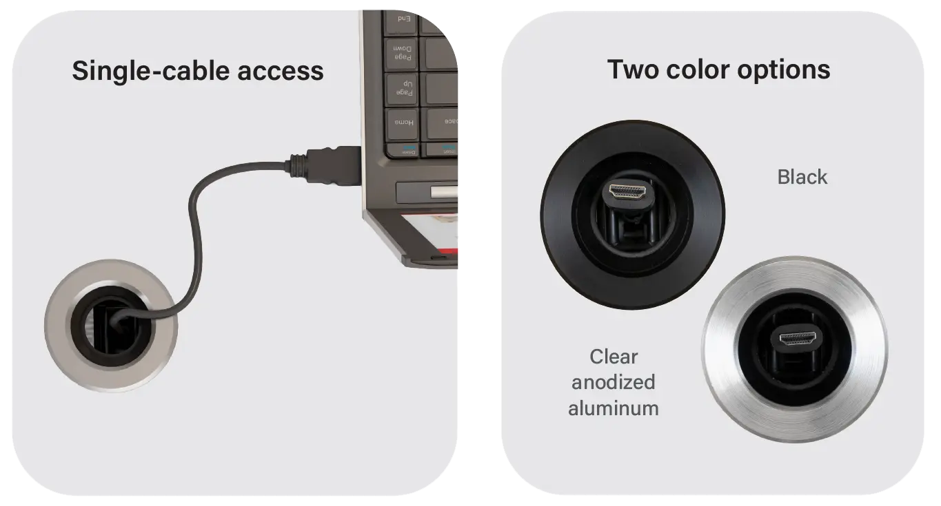 A single retractable cable passes through a 60 millimeter tabletop port, available with black or clear anodized aluminum trim.