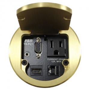 t3-pc1d-brs- 3.5" brass table box with 1 hdmi / 1 hd-15 male / 1- 3.5mm st. audio / 1 data / 1 ac outlet