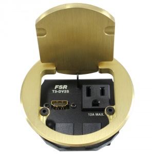 t3-dv2s-brs- brass 3.5” table box with 1 hdmi / 2 data / 1 ac outlet