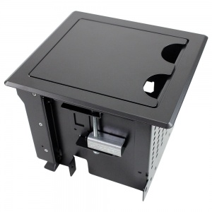 rt6-s3-blk- black table box with 3 large brackets, holds 8 tbrt retractors, ac &amp; usb chargers
