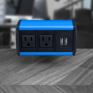 2 AC Outlets and 1 Dual USB-A Charger, Blue Housing, Black End Caps, Black inserts