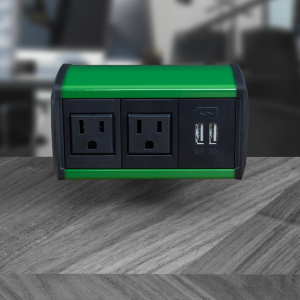 2 AC Outlets and 1 Dual USB-A Charger, Green Housing, Black End Caps, Black inserts