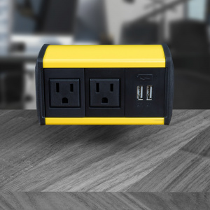 2 AC Outlets and 1 Dual USB-A Charger, Yellow Housing, Black End Caps, Black inserts