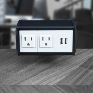 2 AC Outlets and 1 Dual USB-A Charger, Black Housing, Black End Caps, White inserts