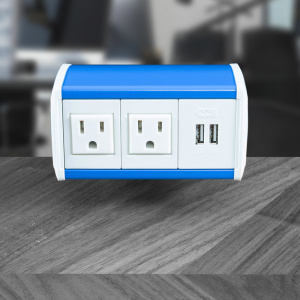 2 AC Outlets and 1 Dual USB-A Charger, Blue Housing, Black End Caps, White inserts