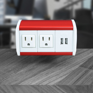 2 AC Outlets and 1 Dual USB-A Charger, Red Housing, Black End Caps, White inserts