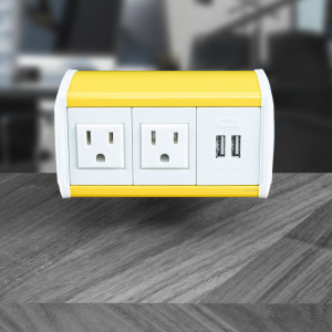 2 AC Outlets and 1 Dual USB-A Charger, Yellow Housing, Black End Caps, White inserts
